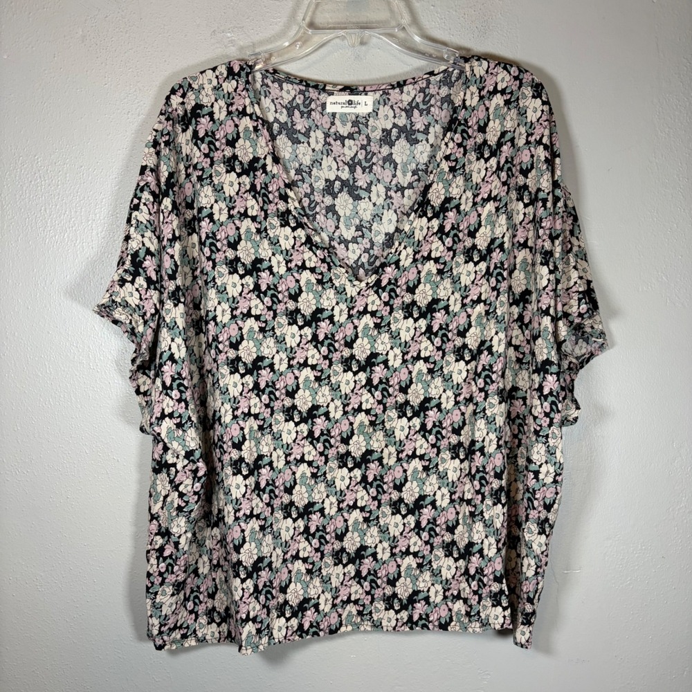 Natural Life Women L Floral V-Neck Dolman Sleeve Rayon Boho Blouse Black Pink